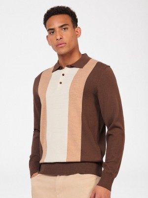 Ben Sherman Block Stripe Merino Sweater Med Polo Hals Chokolade | CRBZK0236