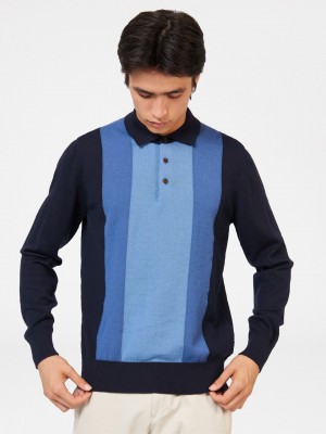 Ben Sherman Block Stripe Merino Sweater Med Polo Hals Mørkeblå | JNYCG1074