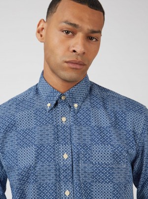 Ben Sherman Chambray Patchwork Geo Print Long-Sleeve Skjorte Blå | UGYXB8739