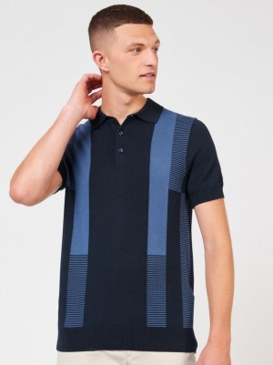 Ben Sherman Intarsia Stripe Sweater Med Polo Hals Mørkeblå | PGRSK6120