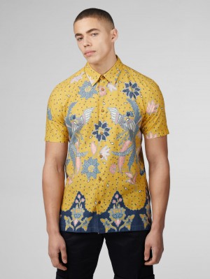 Ben Sherman Signature Abstract Botanical Print Skjorte Gul | HIESL8137