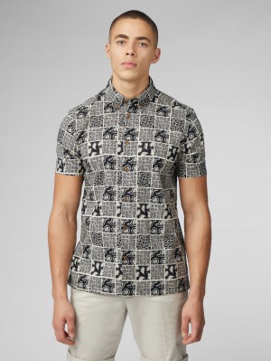 Ben Sherman Signature Checkerboard Paisley Print Skjorte Sort | RHMAE7384