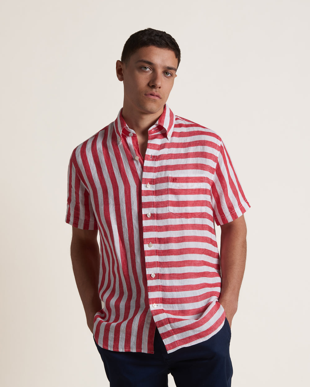 Ben Sherman B by Ben Sherman Candy Stripe Linen Short Sleeve Skjorte Lyserød Rød | EIPNV9147