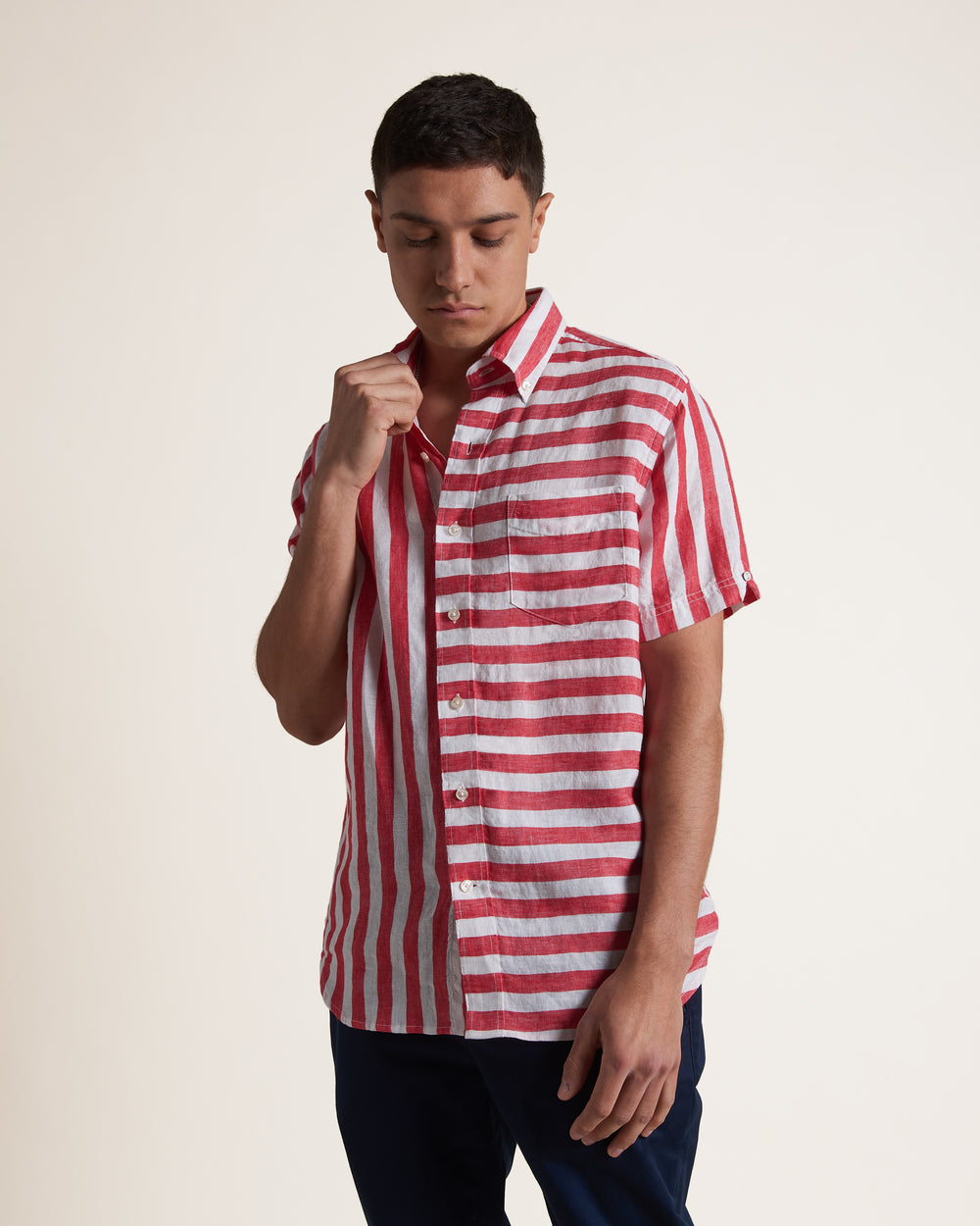 Ben Sherman B by Ben Sherman Candy Stripe Linen Short Sleeve Skjorte Lyserød Rød | EIPNV9147