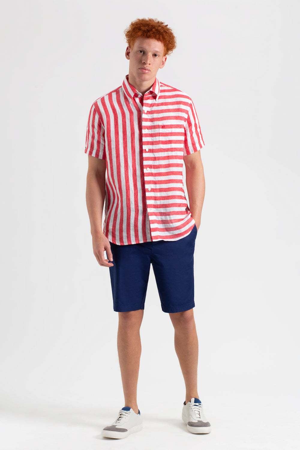 Ben Sherman B by Ben Sherman Candy Stripe Linen Short Sleeve Skjorte Lyserød Rød | EIPNV9147