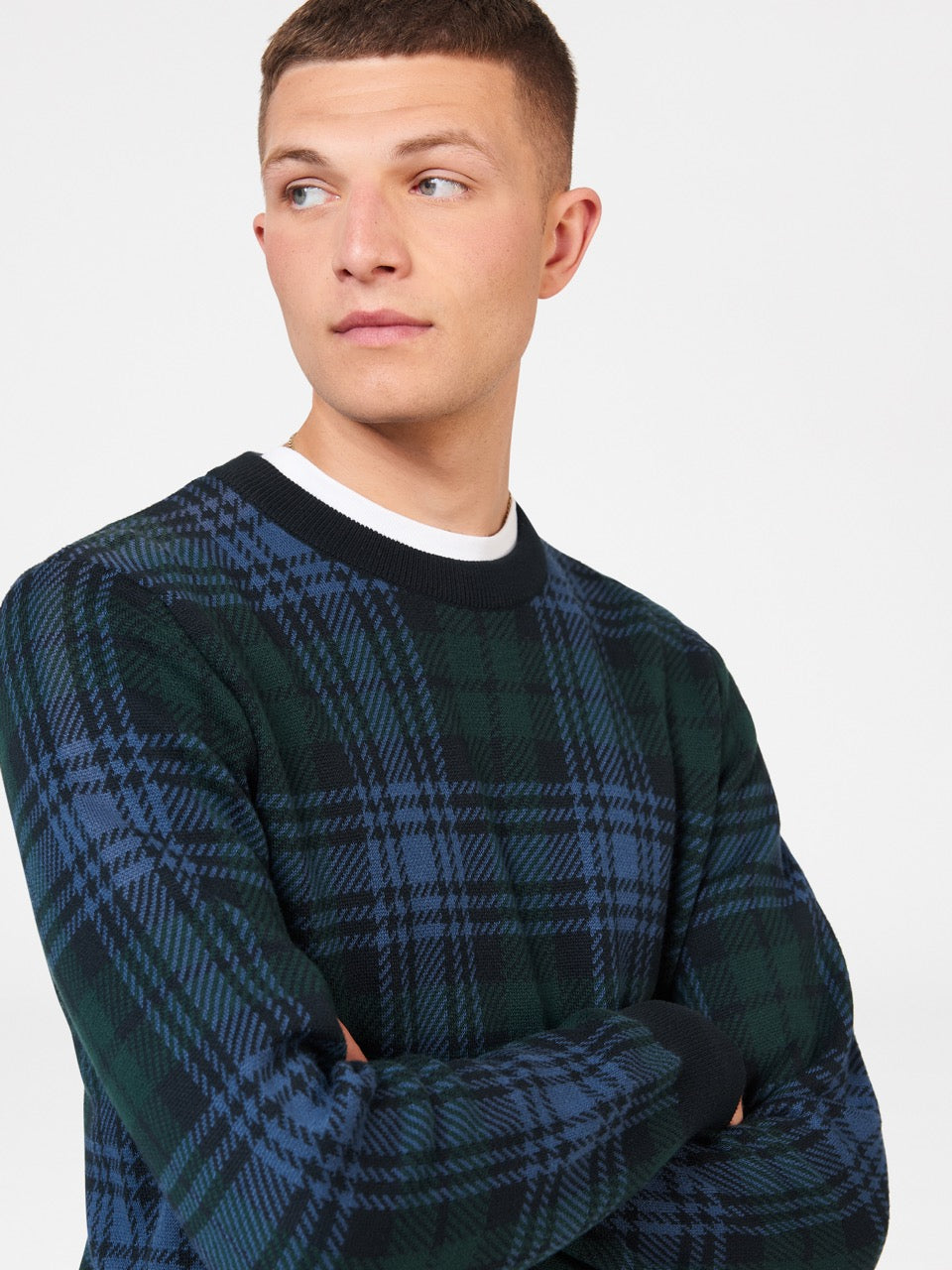 Ben Sherman Blackwatch Check Crewneck Strikkevarer Sort | TXBRU3167