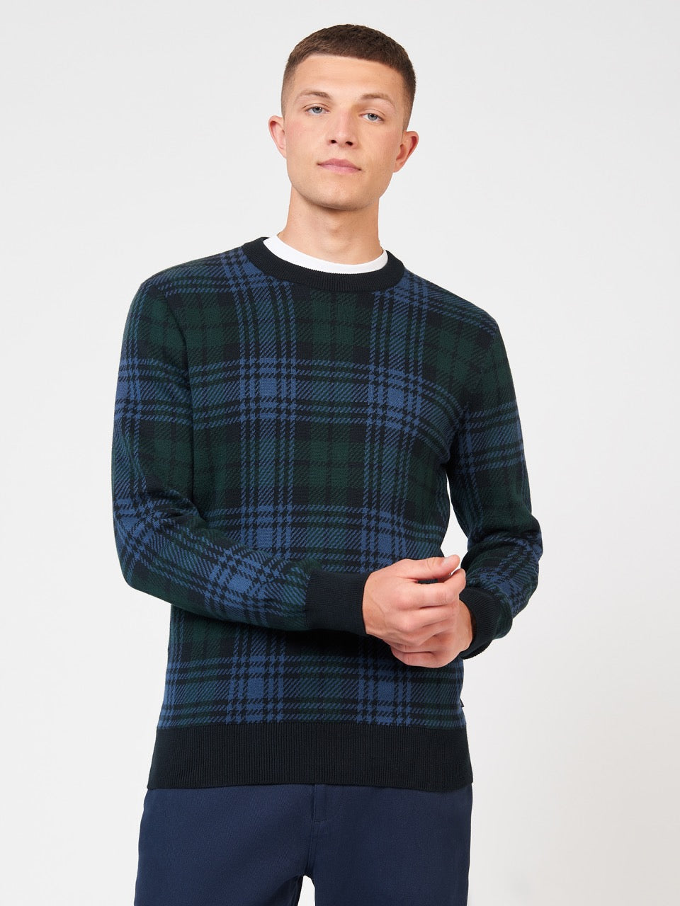 Ben Sherman Blackwatch Check Crewneck Strikkevarer Sort | TXBRU3167