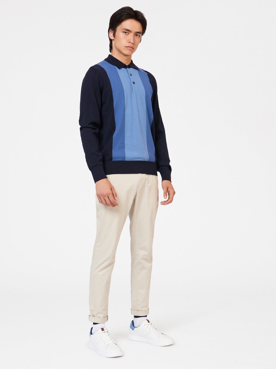 Ben Sherman Block Stripe Merino Sweater Med Polo Hals Mørkeblå | JNYCG1074