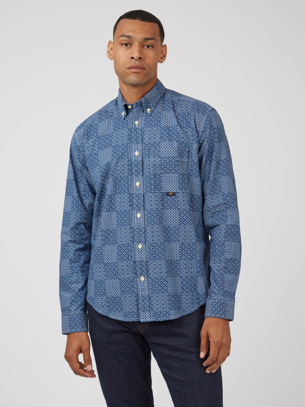 Ben Sherman Chambray Patchwork Geo Print Long-Sleeve Skjorte Blå | UGYXB8739