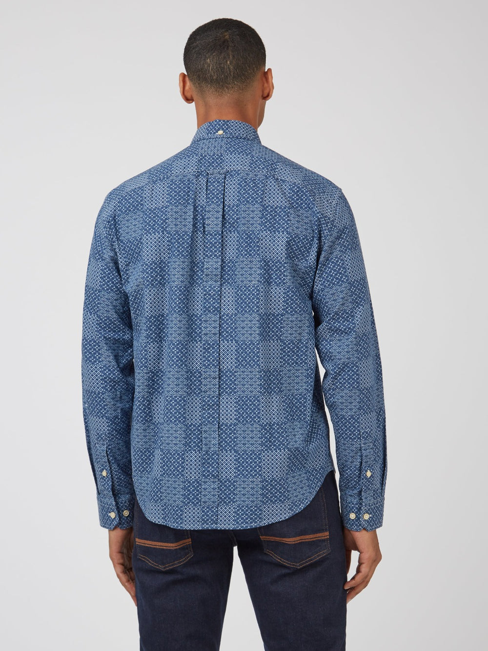 Ben Sherman Chambray Patchwork Geo Print Long-Sleeve Skjorte Blå | UGYXB8739