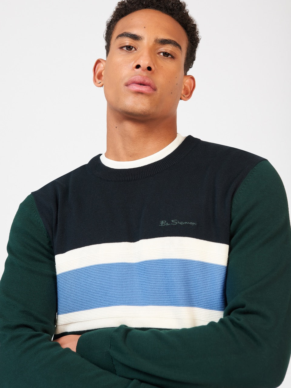 Ben Sherman Chest Stripe Crewneck Strikkevarer Mørkegrøn | QOVCD1832