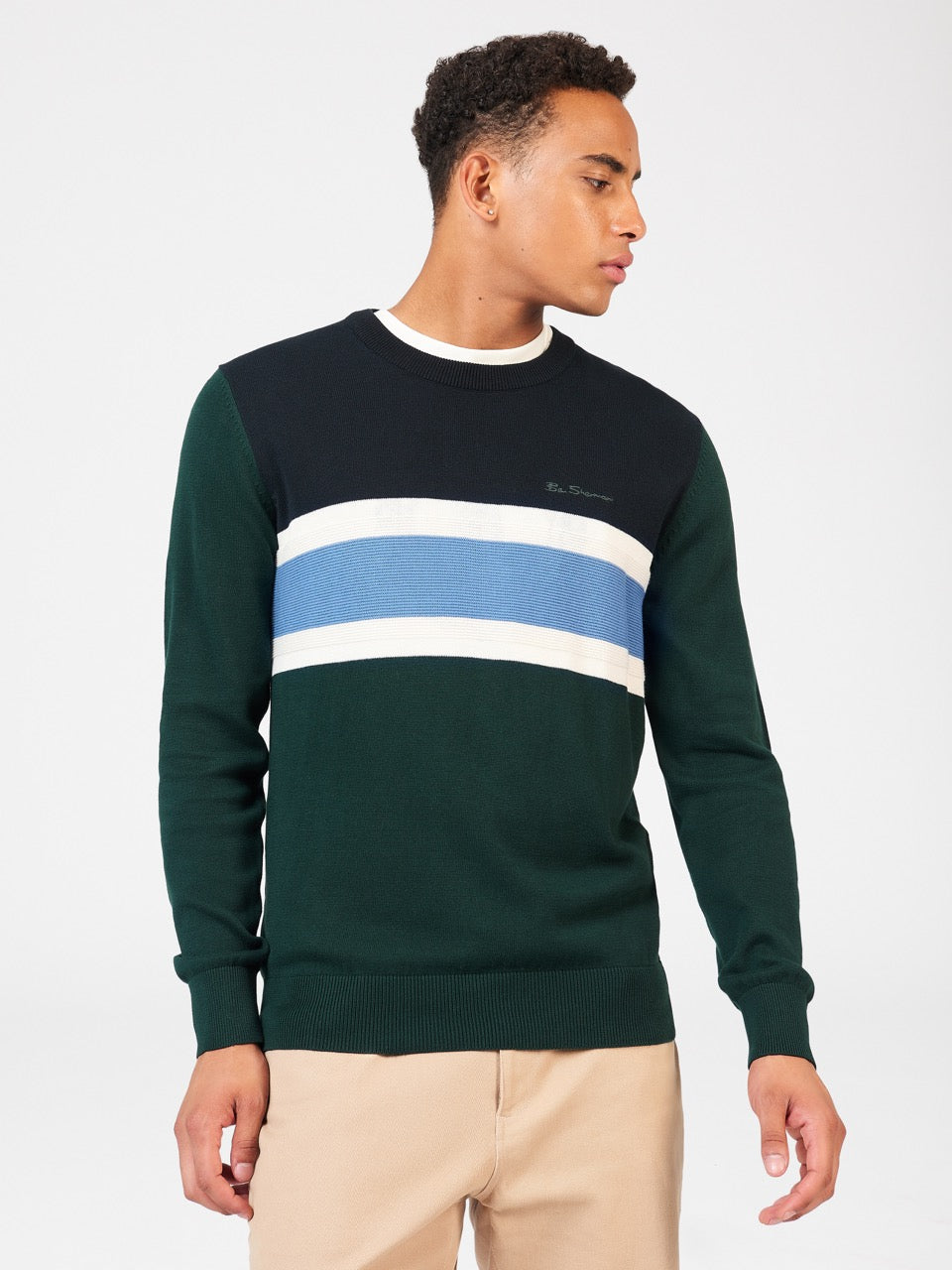 Ben Sherman Chest Stripe Crewneck Strikkevarer Mørkegrøn | QOVCD1832