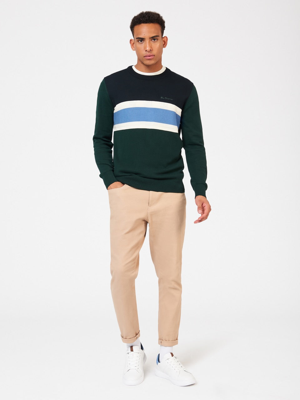 Ben Sherman Chest Stripe Crewneck Strikkevarer Mørkegrøn | QOVCD1832