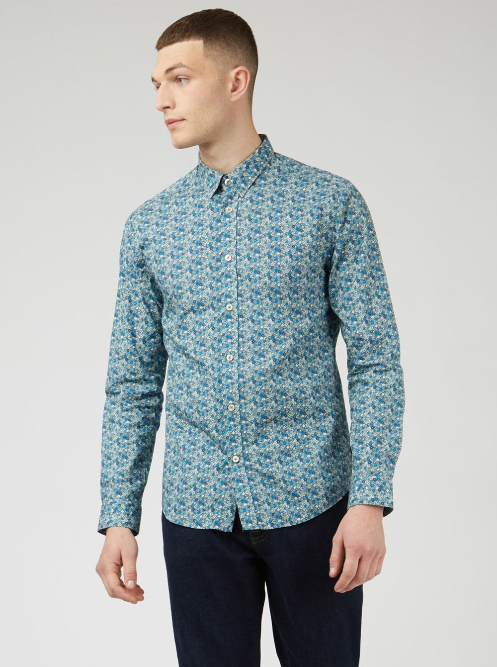 Ben Sherman Floral Print Long-Sleeve Skjorte Blå Grå | VTBHX7132