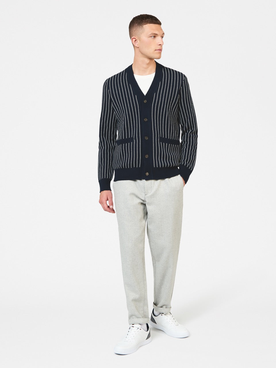 Ben Sherman Jacquard Stripe Cardigan Strikkevarer Mørkeblå | EKAHB1276