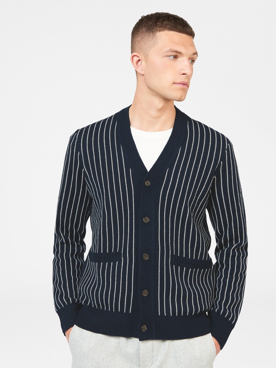 Ben Sherman Jacquard Stripe Cardigan Strikkevarer Mørkeblå | EKAHB1276