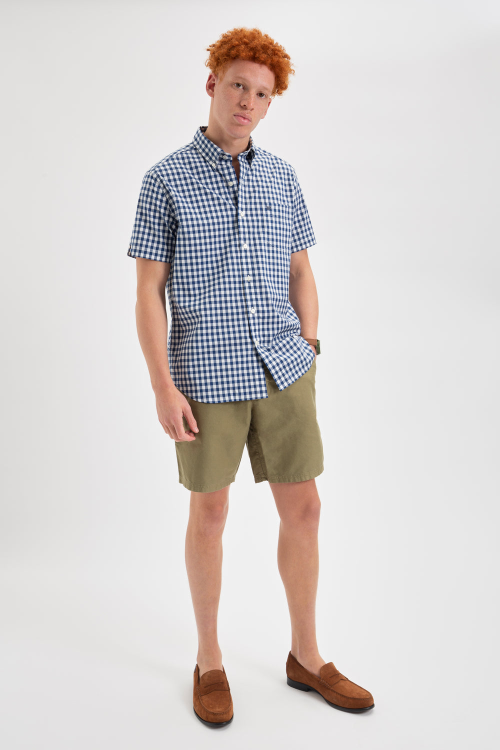 Ben Sherman Short Sleeve House Poplin Gingham Skjorte Mørkeblå Olivengrøn | BJRTC0682