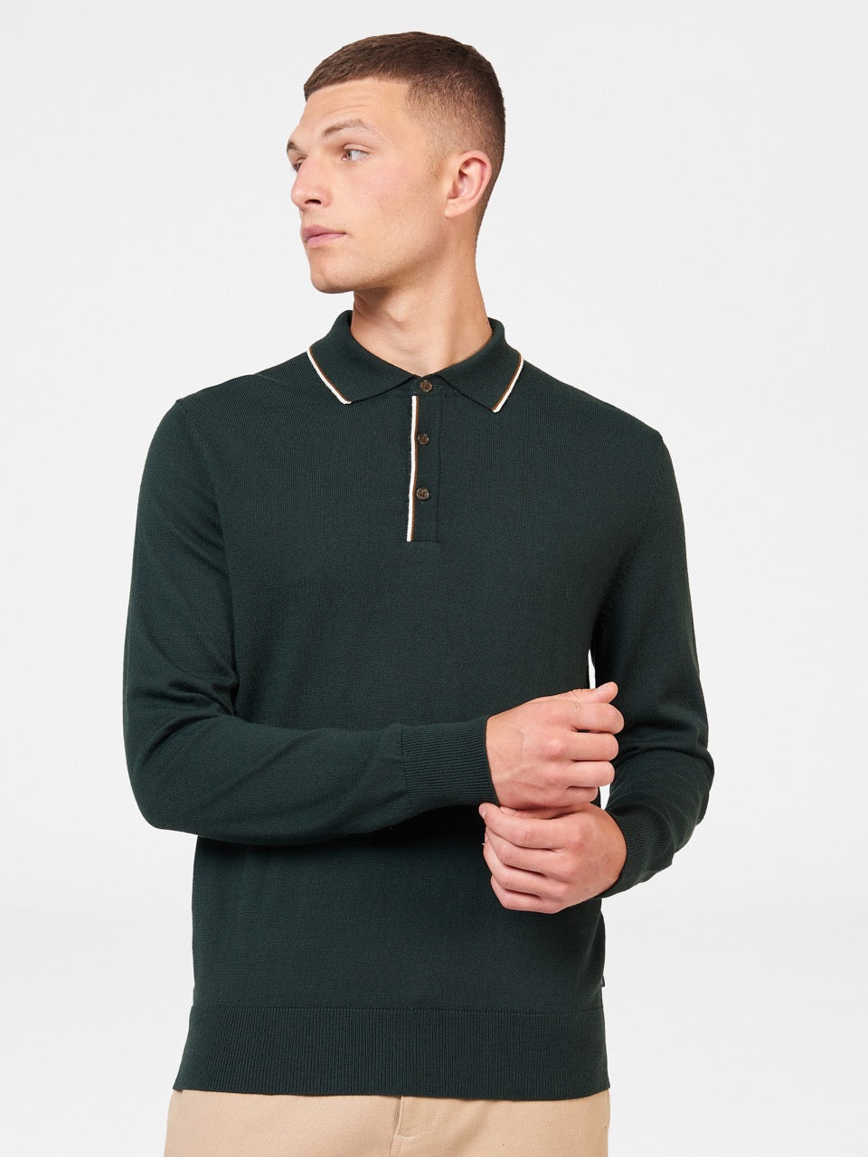 Ben Sherman Tipped Merino Sweater Med Polo Hals Mørkegrøn | UKATS2587