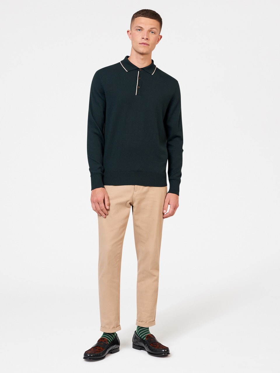 Ben Sherman Tipped Merino Sweater Med Polo Hals Mørkegrøn | UKATS2587